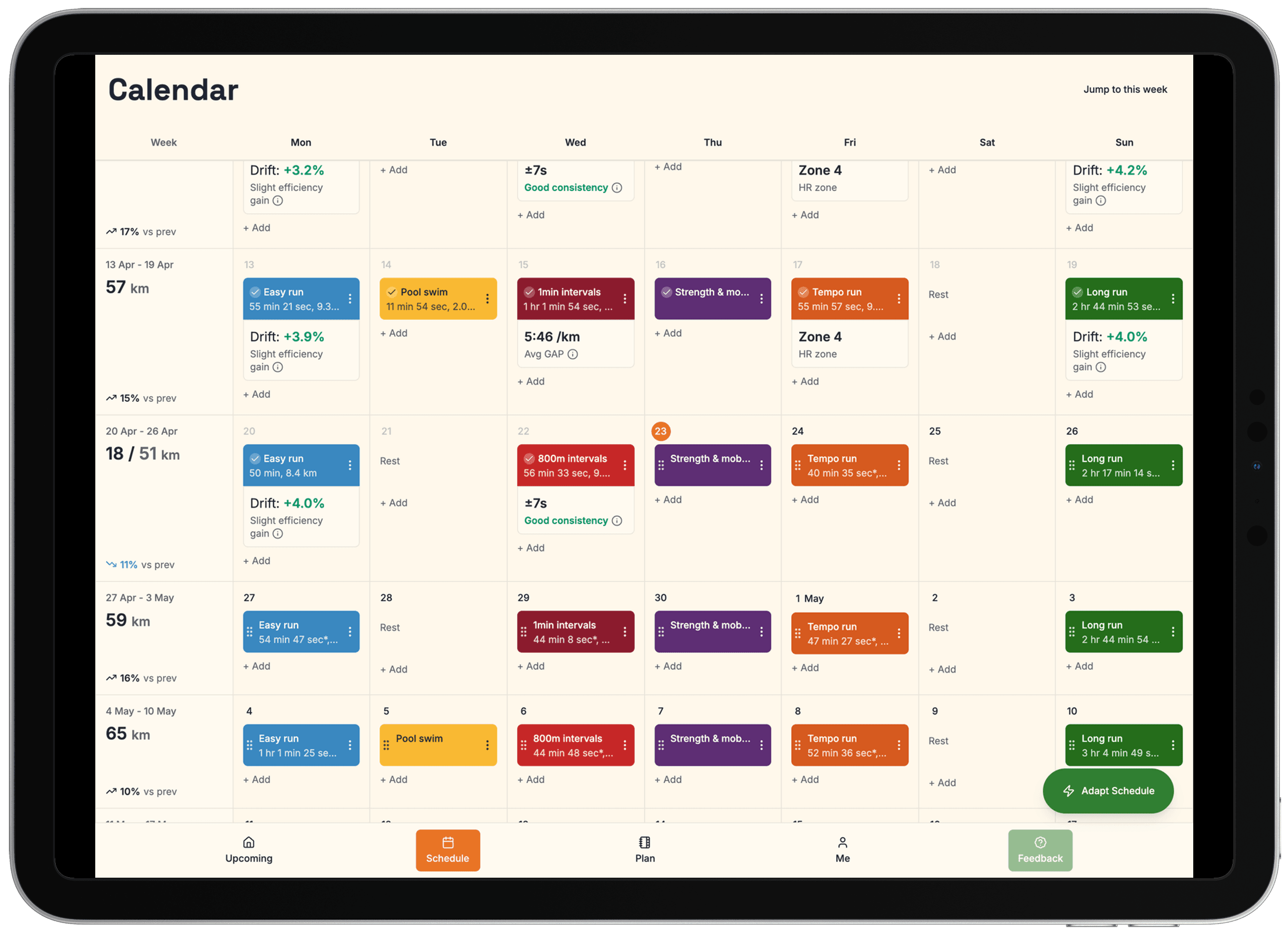 A screenshot of the Singlet calendar displaying a grid of running workouts for a full month.